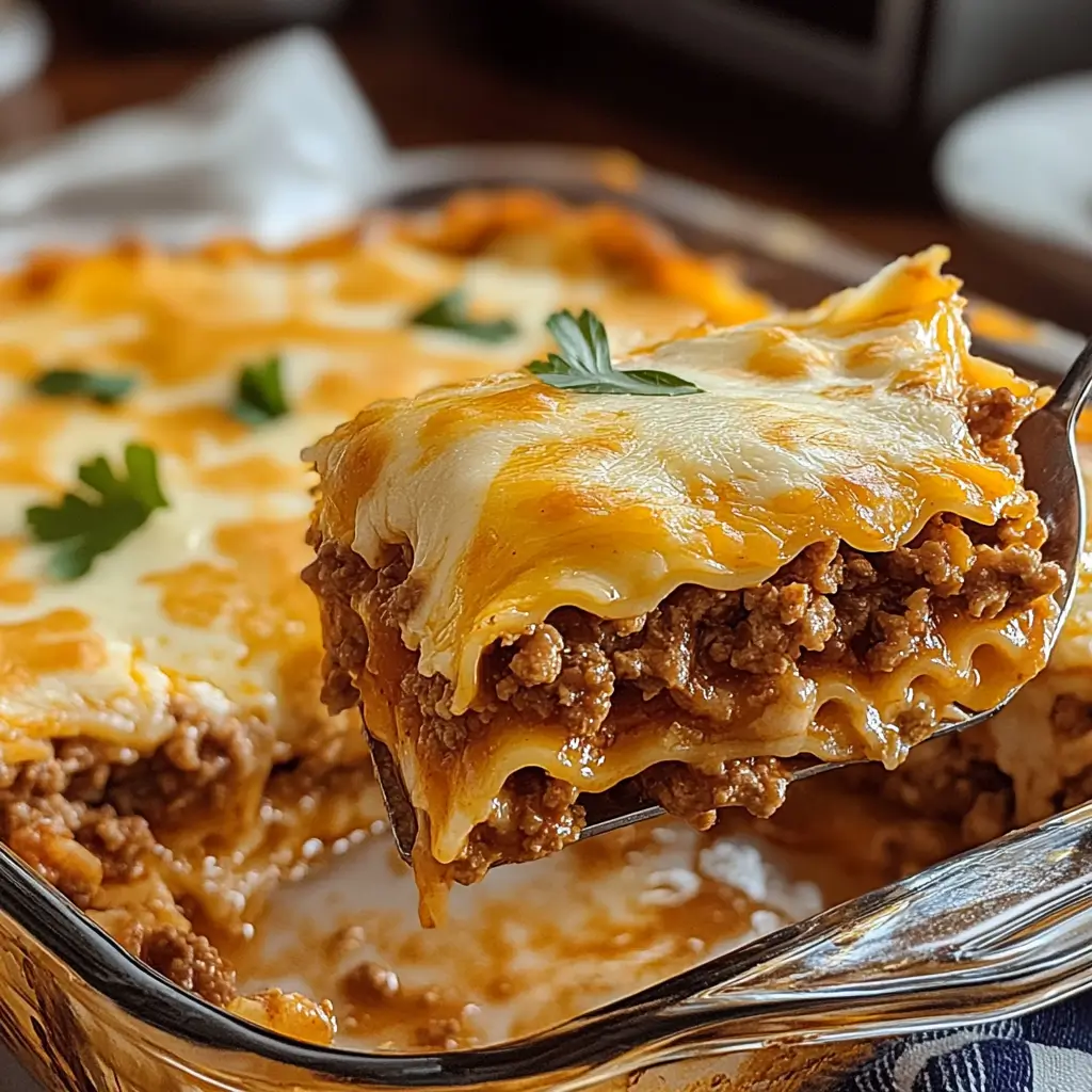 Taco lasagna with noodles slice being served from a glass baking dish with melted cheese