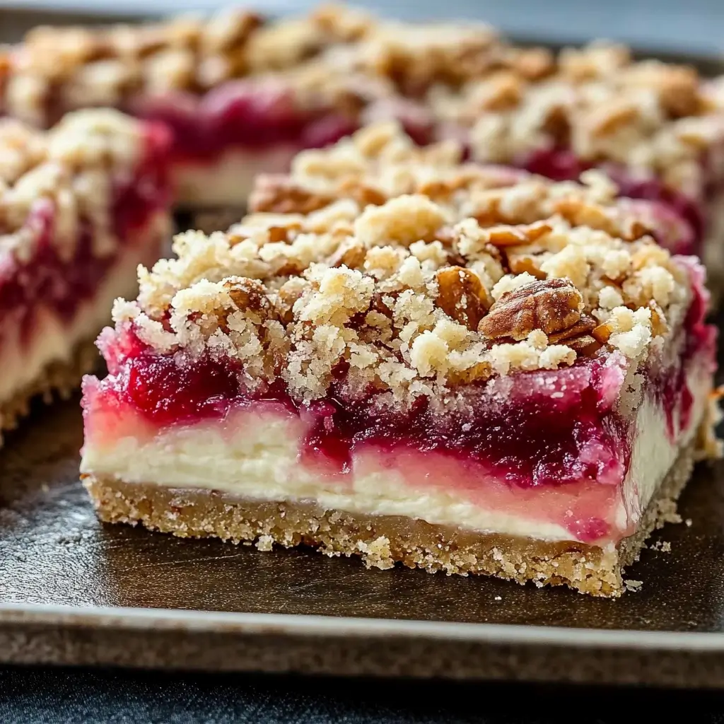 sliced-creamy-rhubarb-cream-cheese-bar Close-up of sliced creamy rhubarb cream cheese bar with oat crumble topping