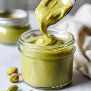 Thick pistachio cream being spooned from a glass jar on a marble counter