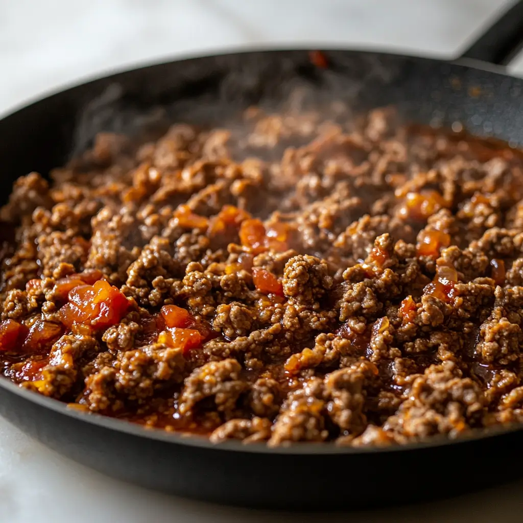 Taco-seasoned ground beef simmering in a skillet for taco lasagna with noodles