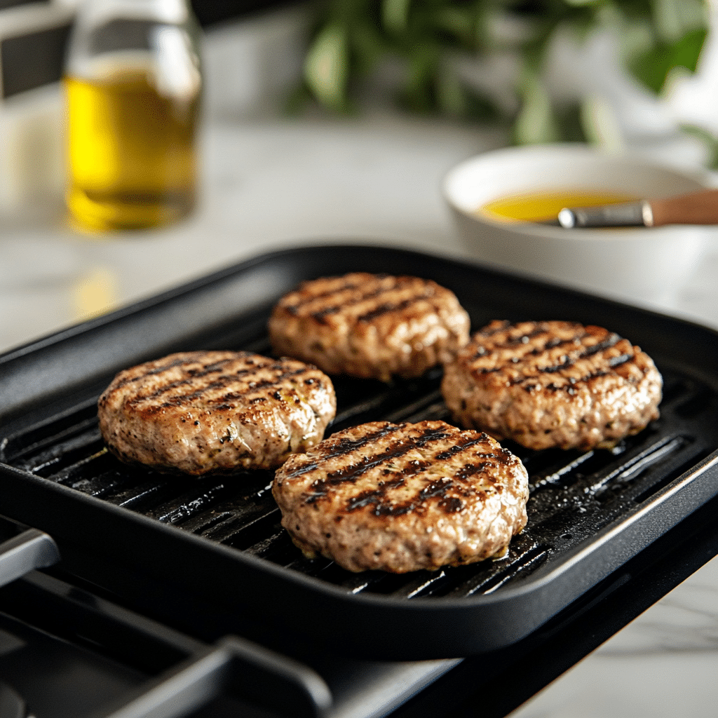 u8879476393_A_close-up_side-angle_view_of_Mediterranean_turke_4c51dba0-9afd-4db5-8ee1-47d78ef71b07_1 Mediterranean turkey burgers cooking on a stovetop grill pan with golden grill marks