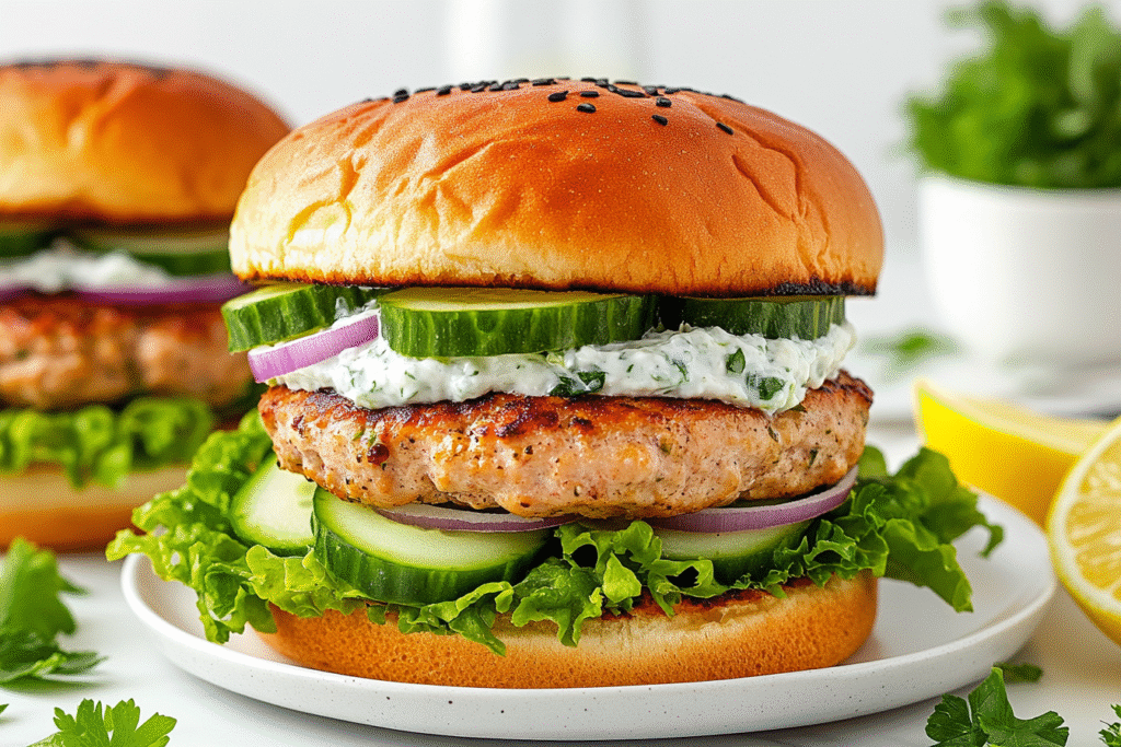 Close-up of a Mediterranean turkey burger with lettuce, cucumber, red onion, and tzatziki in a toasted bun