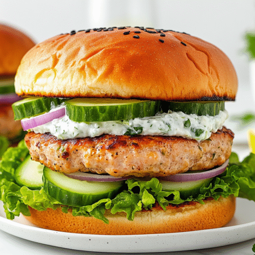 Close-up of a Mediterranean turkey burger with lettuce, cucumber, red onion, and tzatziki in a toasted bun