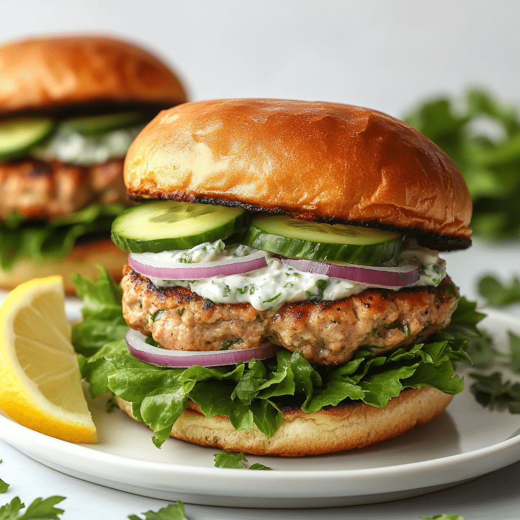 u8879476393_A_realistic_close-up_of_a_fully_assembled_Mediter_ddc72a60-08db-461f-aeab-4c41252cc1a5_3 Assembled Mediterranean turkey burger with lettuce, tzatziki, cucumber, and red onion