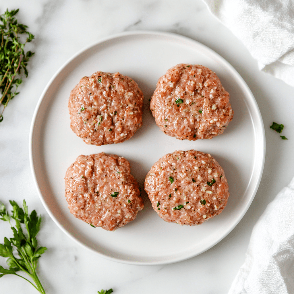 u8879476393_A_top-down_close-up_view_of_four_raw_Mediterranea_425e3a34-bf08-425d-a64b-8b78fe7bea59_3 Raw Mediterranean turkey burger patties on a white plate with herbs