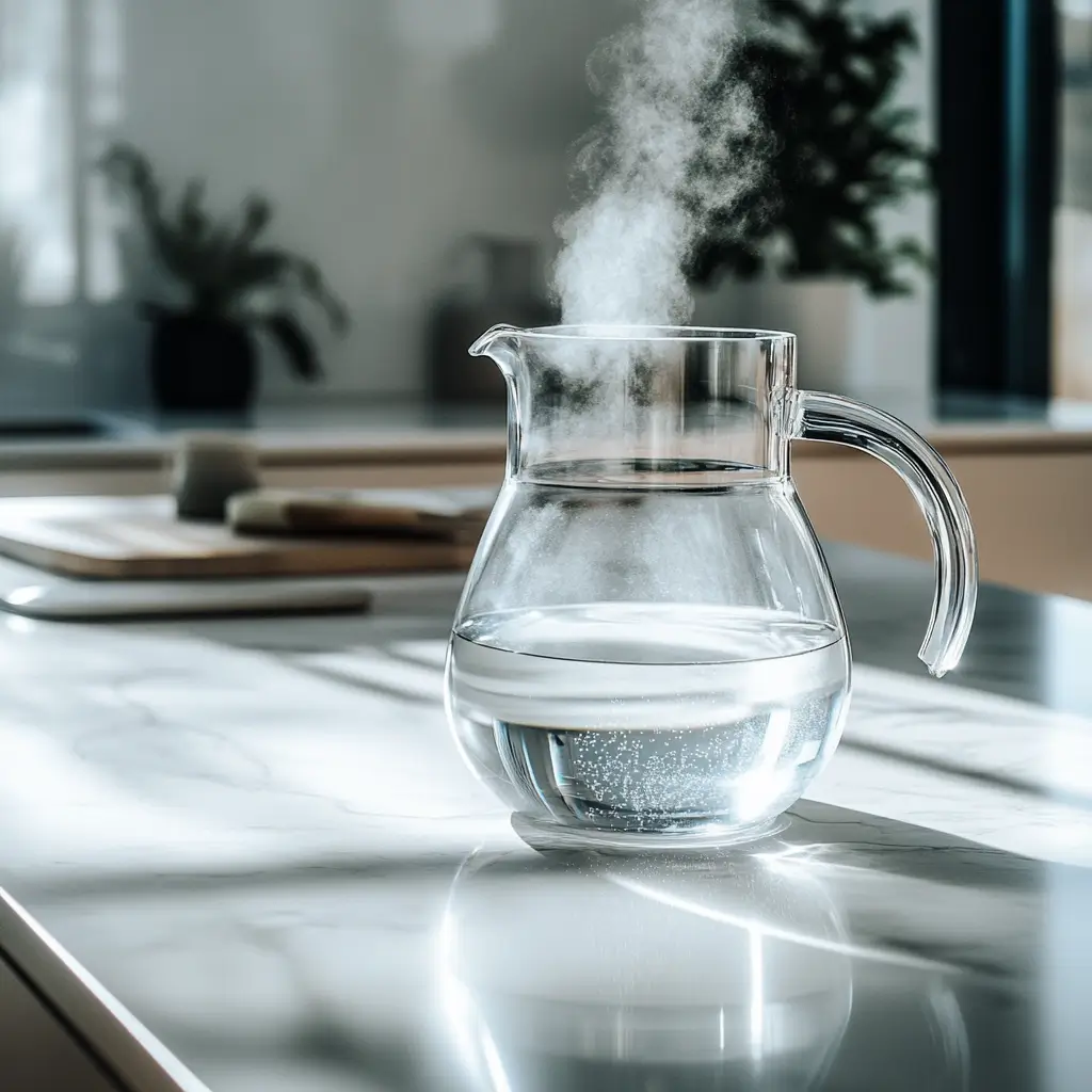 warm-filtered-water-glass-kettle Warm filtered water in a glass kettle on white marble countertop