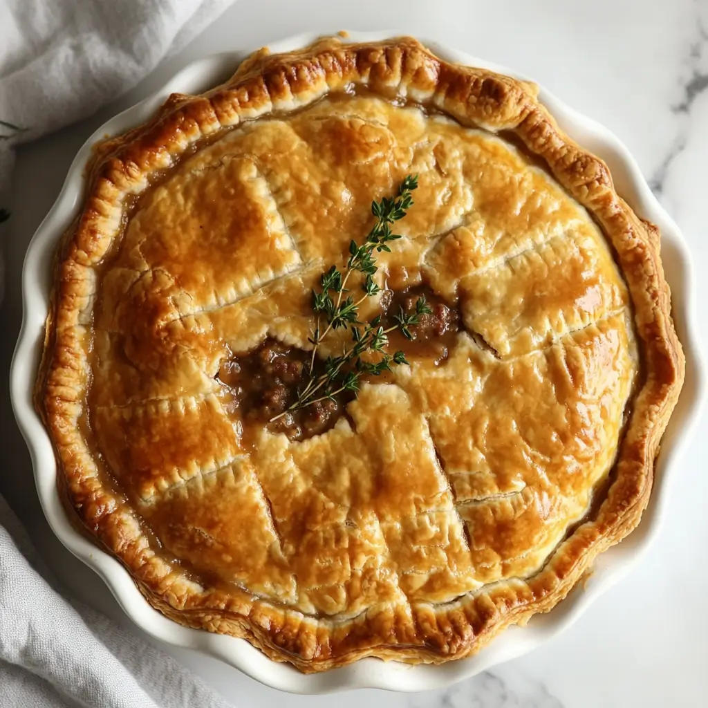 Whole baked sausage gravy biscuit pie with golden flaky crust and thyme garnish